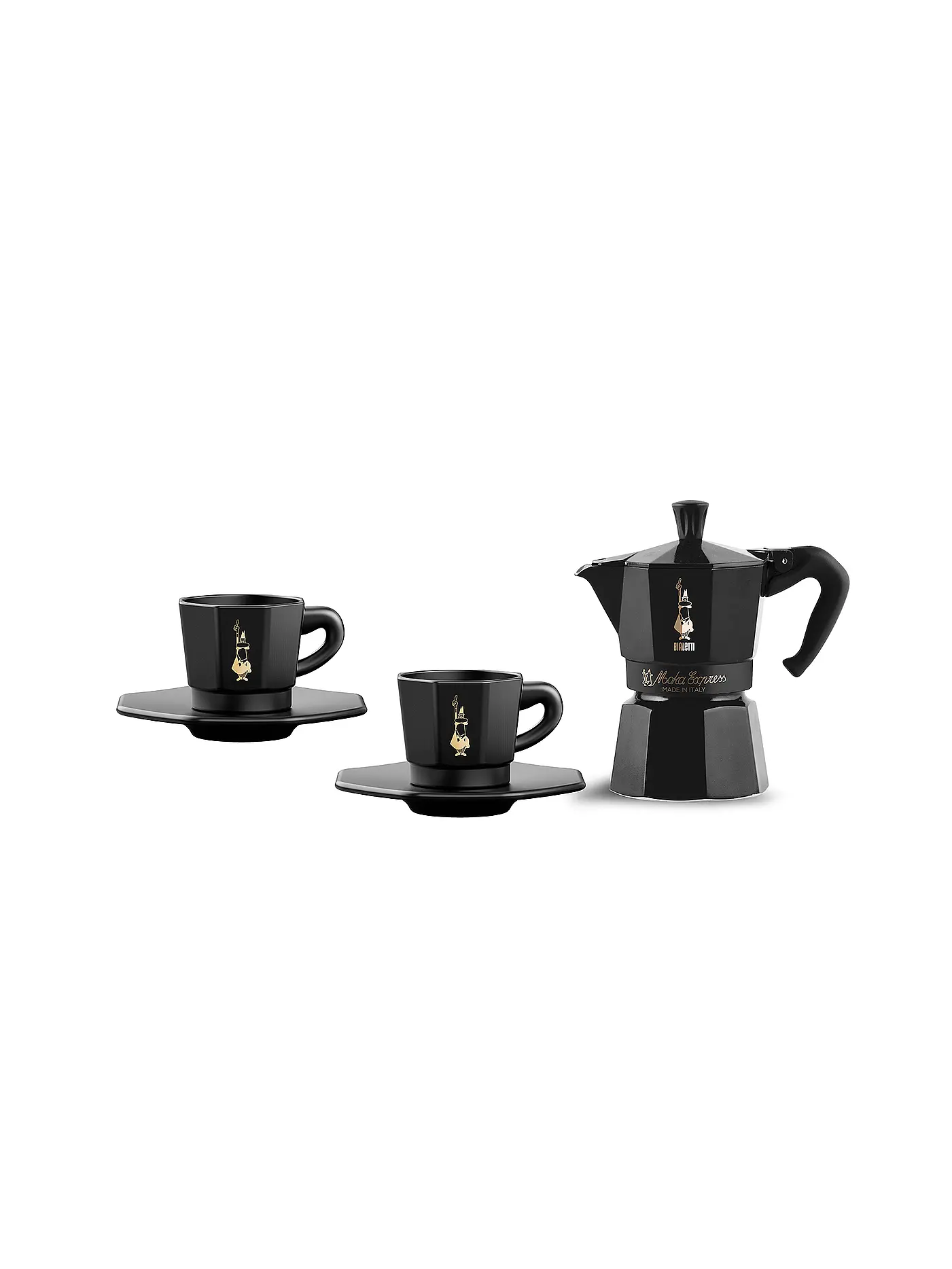BIALETTI | Moka Express für 6 Tassen + 2 Häferl Schwarz Gold | 